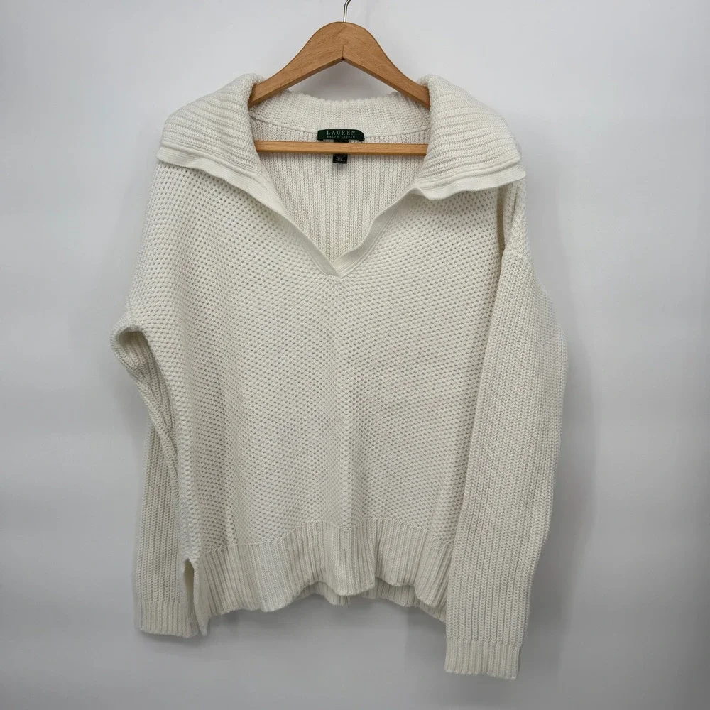 Lauren Ralph Lauren Preppy Sweater White Knit Split Neck Pullover Open Weave LG‎